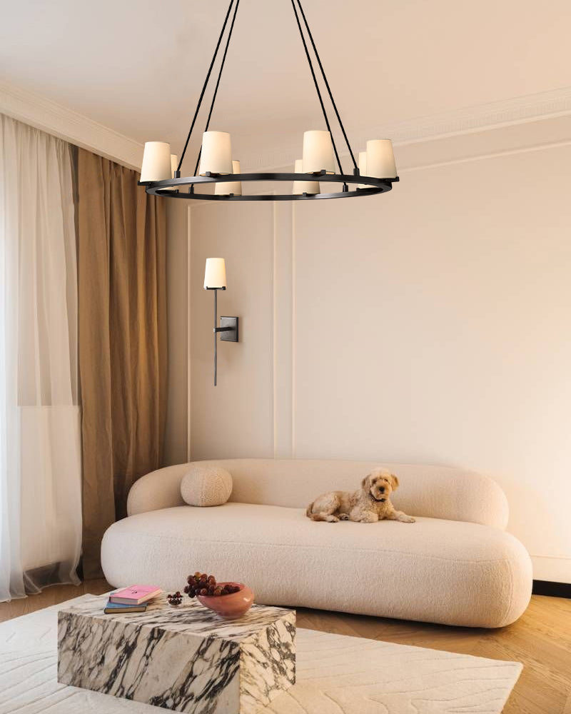 Pauillac Frabic Shade Round Chandelier 36" 48" 60" Lacquered Burnished Brass/Black American chandelier