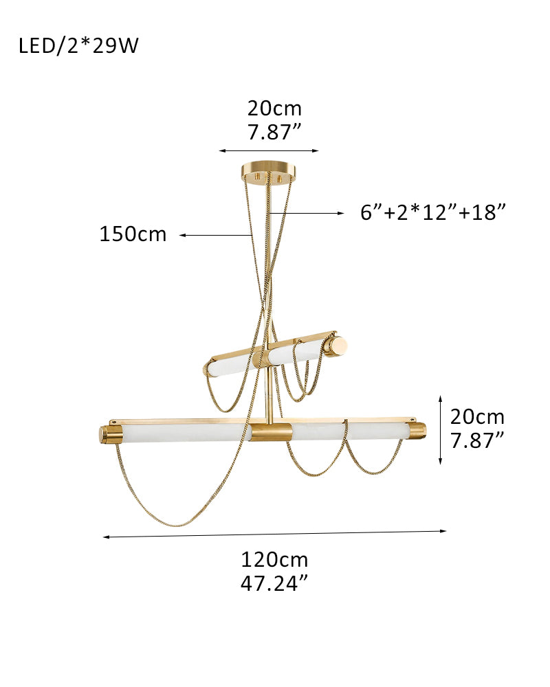 LED Tubular Alabaster Shades Ceiling Pendant Lamp 49" with long chains | Brass
