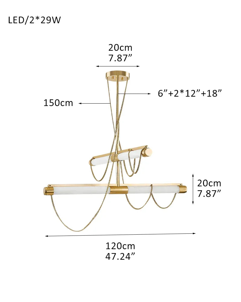 LED Tubular Alabaster Shades Ceiling Pendant Lamp 49" with long chains | Brass 2 of sets - L120*W20*H68CM L48"*W8"*H27" White + Brass Vintage Simple Pendant Lamp