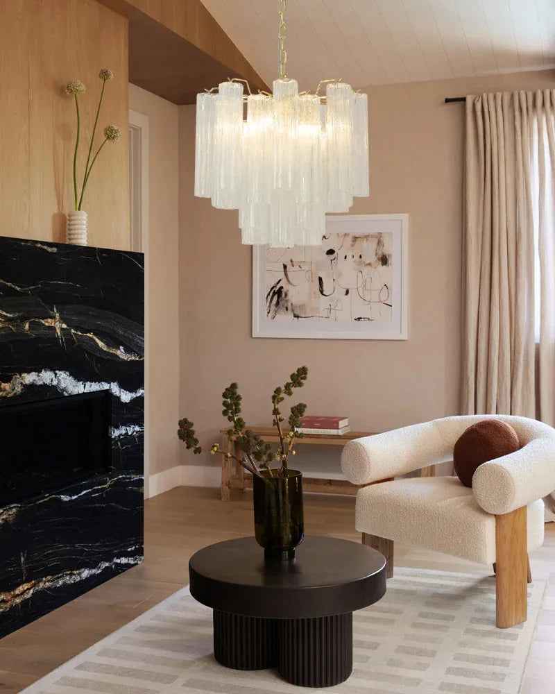 Cortina Series Cascading Chandelier | Multi-tiered Fluted Glass Handcrafted fluted clear Murano-inspired glass tubes, Satin Brass and Chrome for Grand entrances and dining rooms American chandelier