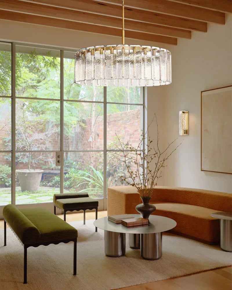 Winchester Series Geometric Chandelier | Linear Handcrafted Rippled Glass Panels, Minimalist Metal Frame for Kitchen Islands and Dining Areas American chandelier
