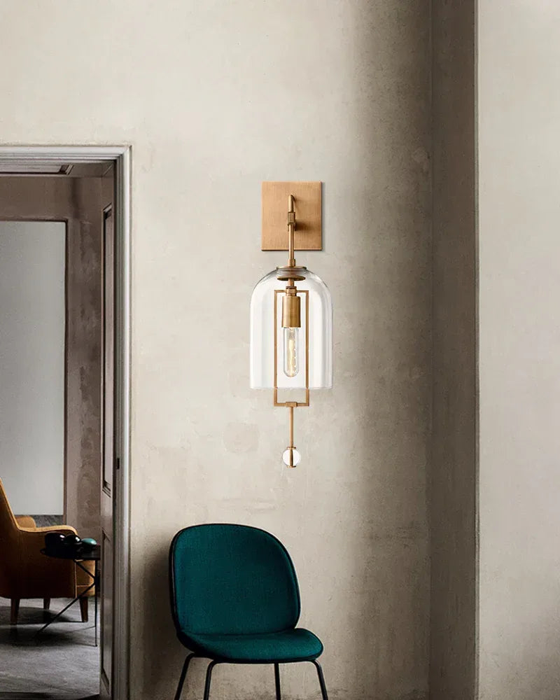 Modern Glass Wall Sconce with Lacquered Metal & Brushed Brass Finish - Halogen Wall Light Flush Mounted Wall Sconce Lamp