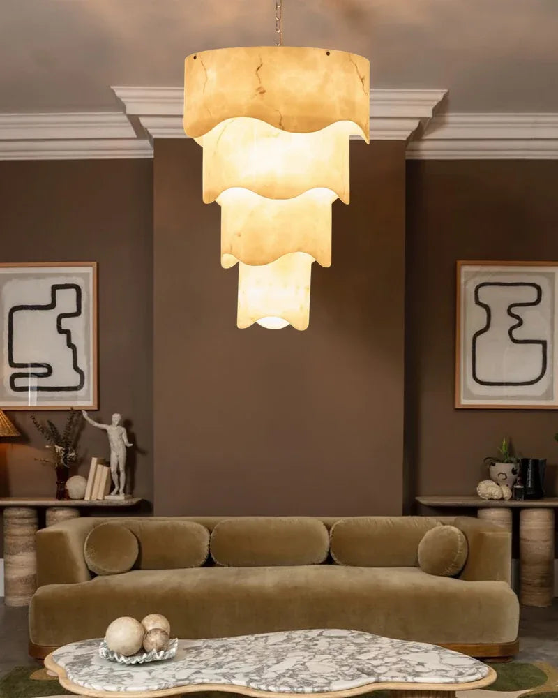 White Alabaster and Antique Brass Finish Layered Pendant Light Wide 18" Modern Pendant lamp