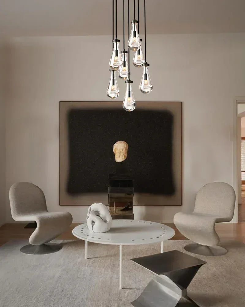 Aged Brass Floating Raindrop Hand Blown Crystal Linear Cluster Chandelier Wide 54" American chandelier