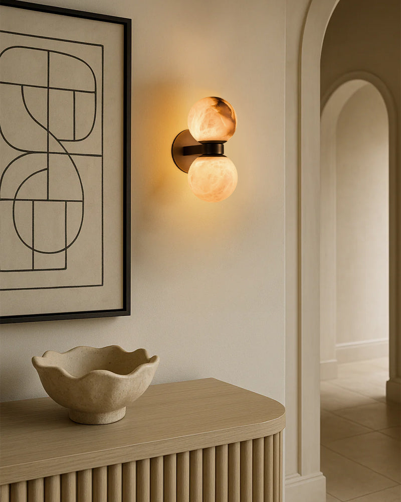 Modern LED Dual Alabaster Globe Wall Light Fixtures Wide 3" 5" | Brass/Bronze Metal