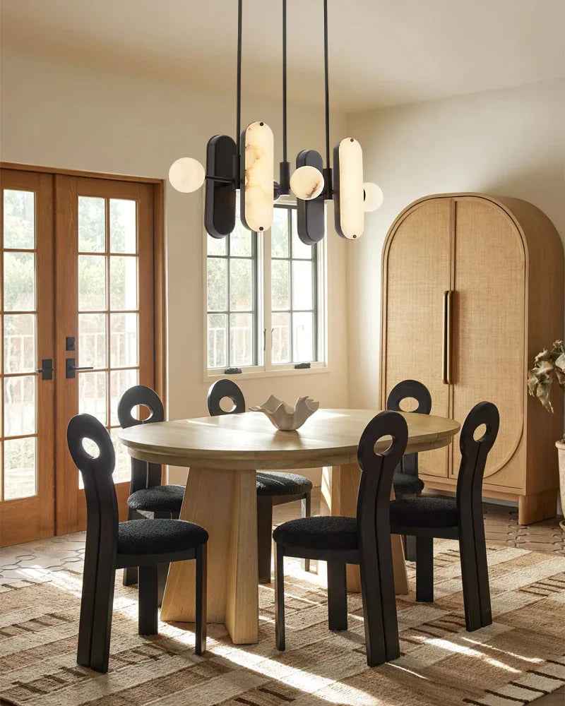 Maradona Series Geometric Pendant Light | Linear English black iron frame and luminous white alabaster shades, English black iron finish for Kitchen Islands and Dining Rooms Modern Pendant lamp