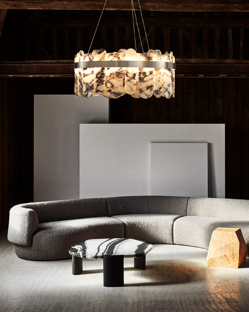 Modern LED Marble Round Chandelier 24" 32" Brushed Gold/Silver/Black Circle Frame