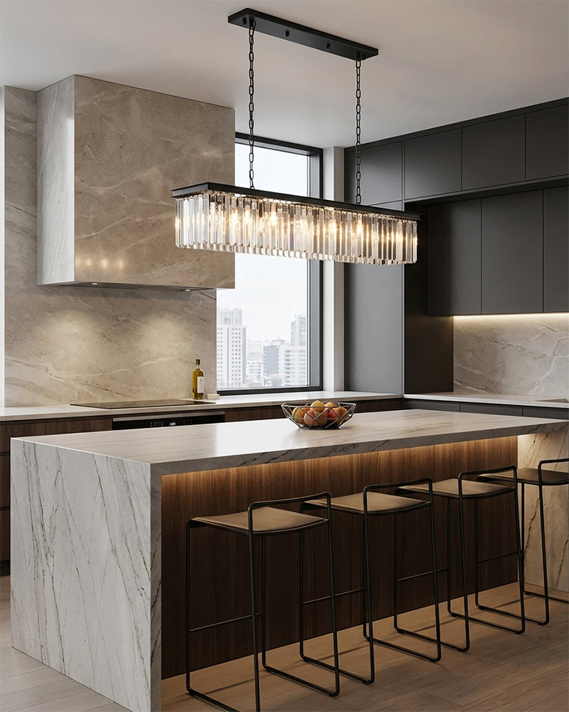 Deauville K9 Crystal Multi Tiered Crystal Prism Rod Linear Chandelier - K9 Crystal, Lux Gold Trim - Kitchen Islands & Dining Rooms