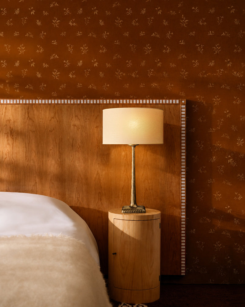 Classic Hammered Sculptural Trunk Drum Table Lamp - Matte Hammered Brass Stem & Fabric Drum - Bedroom & Living Rooms