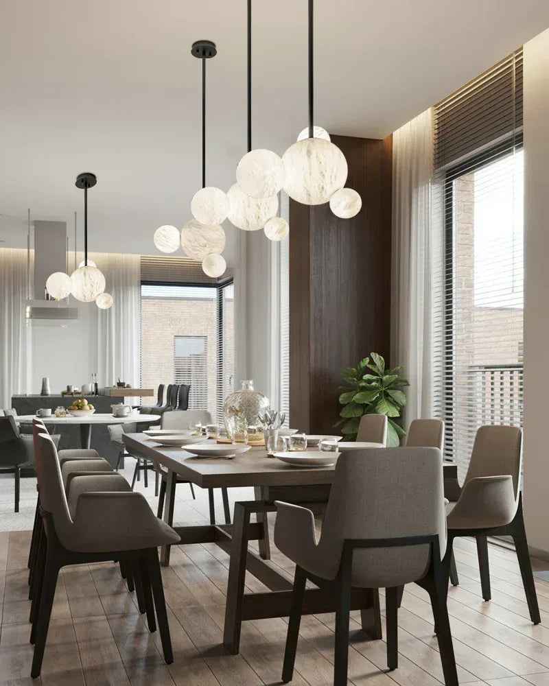 LightsStory Series Ethereal Pendant Light | Alabaster Globe Cluster Hand-Carved Natural Alabaster and Vintage Metal, Nordic Black and Gold finish for Dining Rooms and Kitchen Islands American chandelier