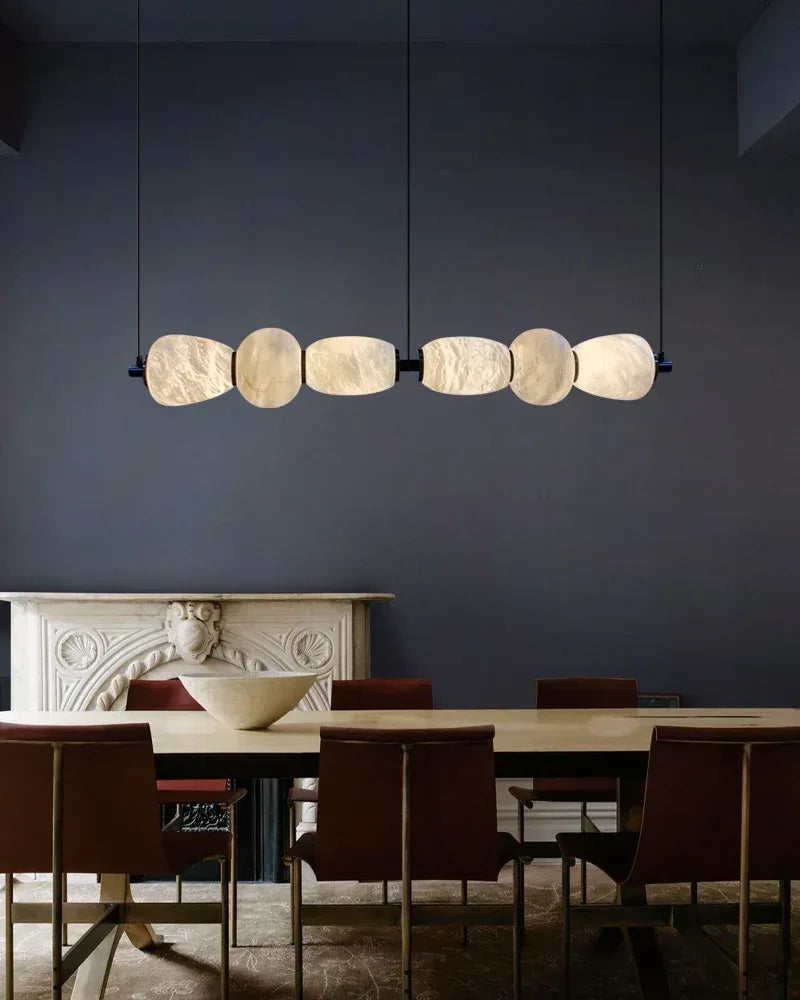 6-light Antique Brass String Hanging Light with Alabaster Stone Shade Modern Pendant lamp