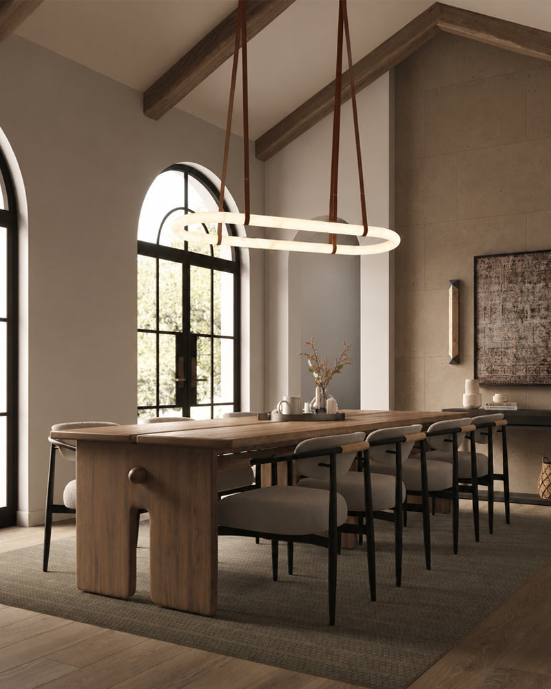 Alabaster Oval Pill Leather Strap Pendant Light - Natural Spanish Alabaster Halo, Organic Leather Trim - Kitchens, Dining & Living Rooms