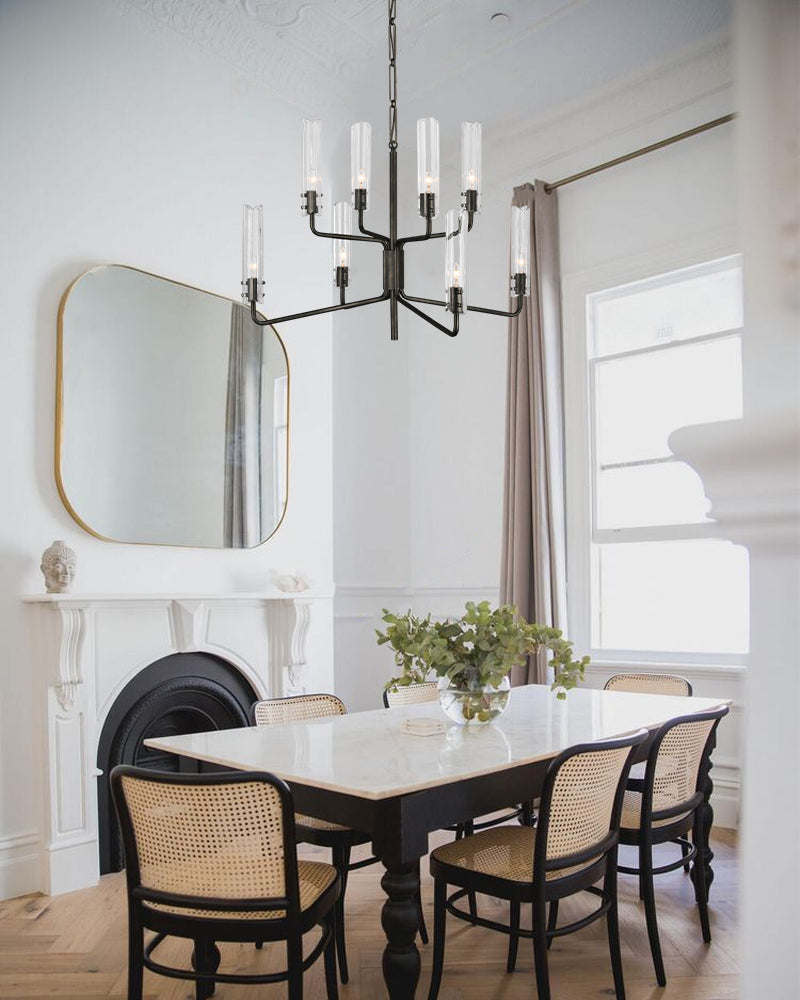 Brushed Chrome Metalwork Chandelier with Textured Slender Clear Glass Cylinders