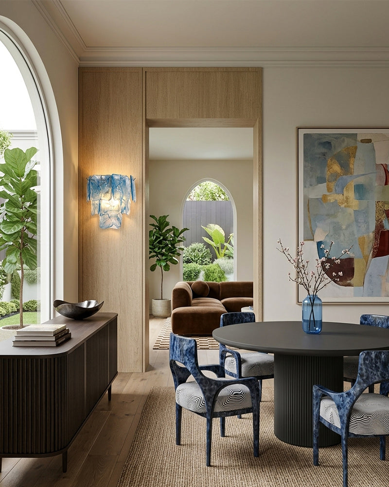 Murano Glass Azure Blue Tiered Ghiaccio Wall Light Sconce - Flush Mount, Lux Brass Trim - Dining Rooms & Living Rooms