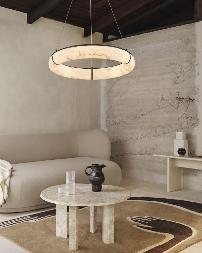 Cora Alabaster Circular Halo Suspended Ring Chandelier - Natural Spanish Alabaster, Lux Gold Trim - Living Rooms & Dining Rooms