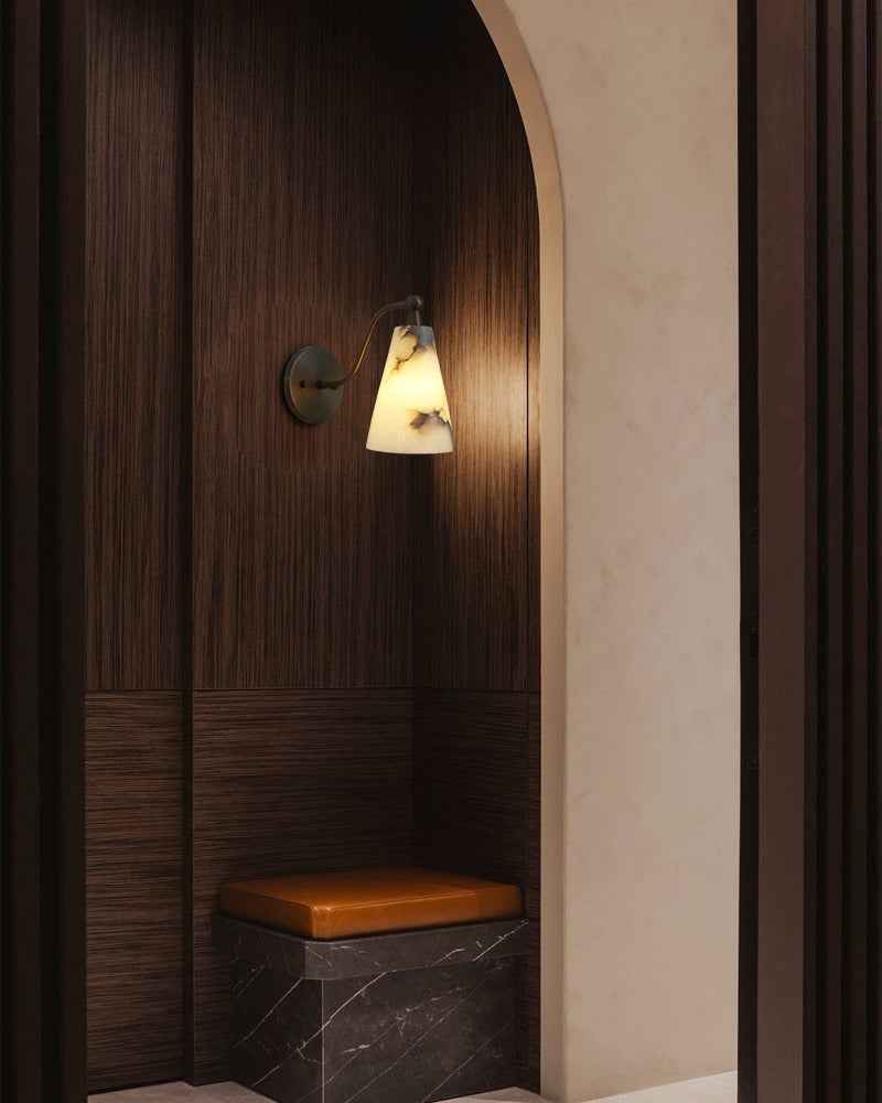 LightsStory Series Ethereal Wall Sconce | Natural Stone Genuine Hand-Carved Alabaster, Rich Golden Brass for Bedside, Hallways, and Bathroom Vanities Flush Mounted Wall Sconce Lamp