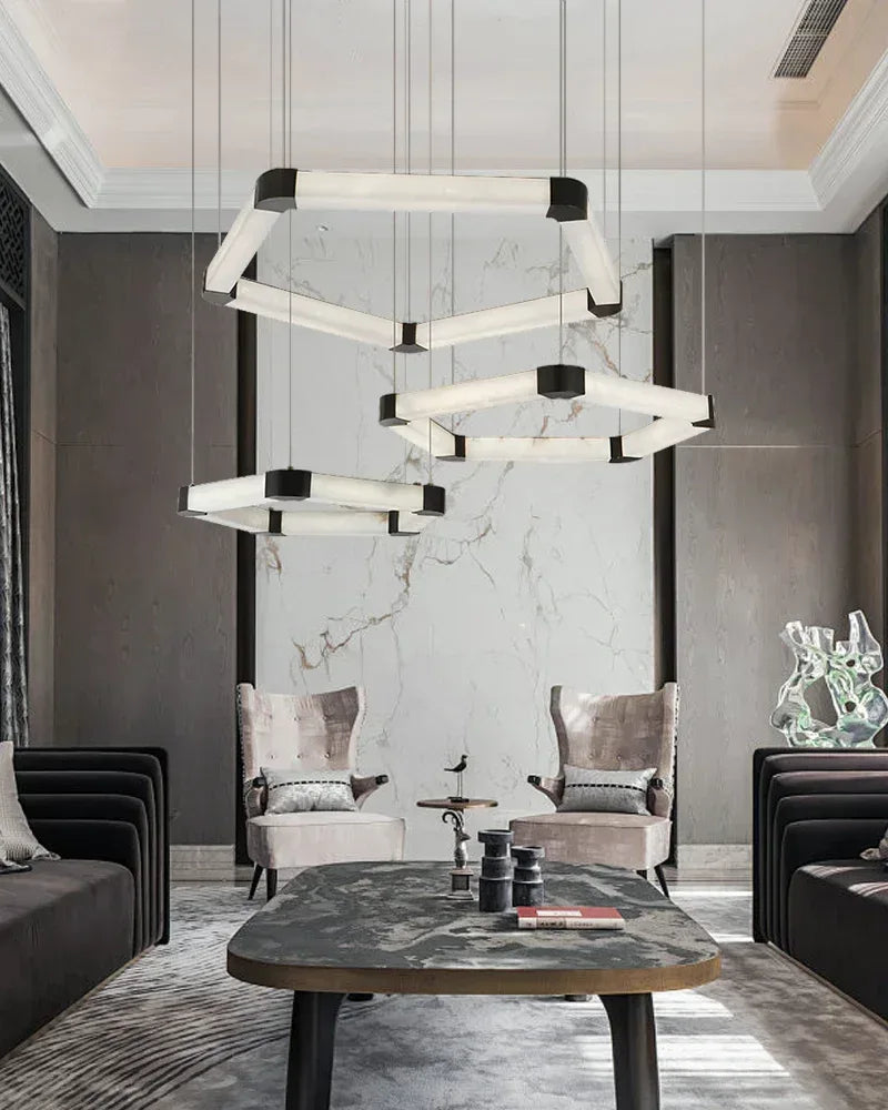 Ring lamps on string suspension in the form of pentagons made of Spanish marble and metal corners American Vintage chandelier lamp