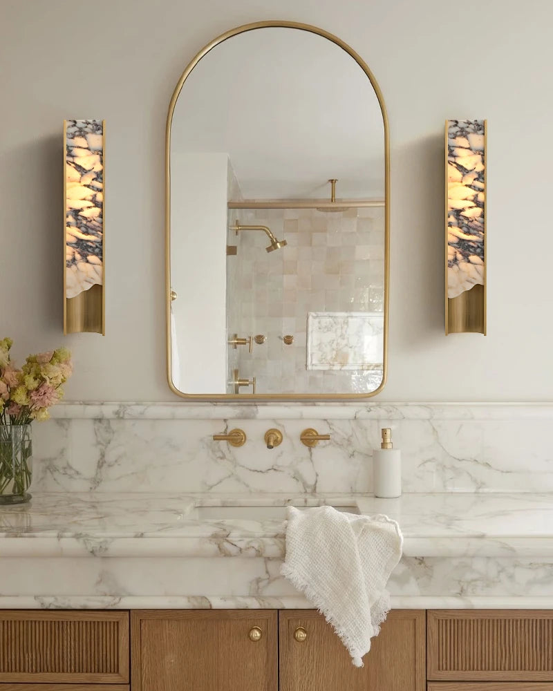 LightsStory Series Alabaster Square Wall Sconces, Natural Stone Brass & Black Metal LED Wall Lights Flush Mounted Wall Sconce Lamp
