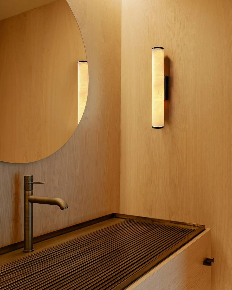 LightsStory Series Geometric Wall Sconce | Cylindrical Dual-Lighting Natural Marble and Polished Copper, Polished Copper finish for Hallways, Bedside Accents, and Living Areas Flush Mounted Wall Sconce Lamp