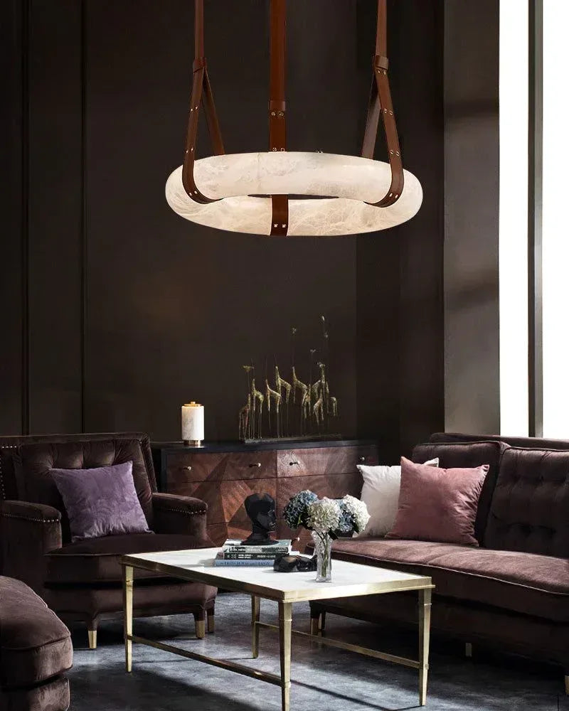 American Coastal LED Round White Marble Pendant Lighting with Brown Leather Belt American chandelier