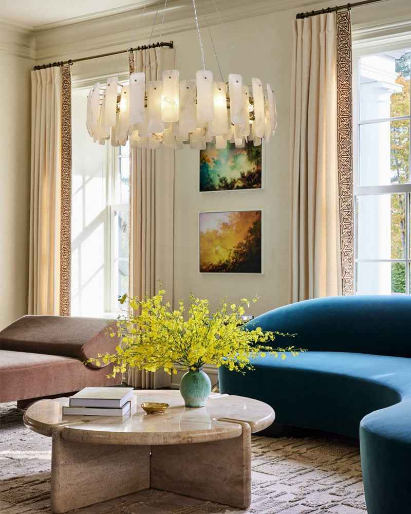 LightsStory Series Geometric Chandelier | Circular Smooth Natural Alabaster, Brass and Black frame with copper accents for Living Rooms and Dining Spaces Luxury Modern Chandelier