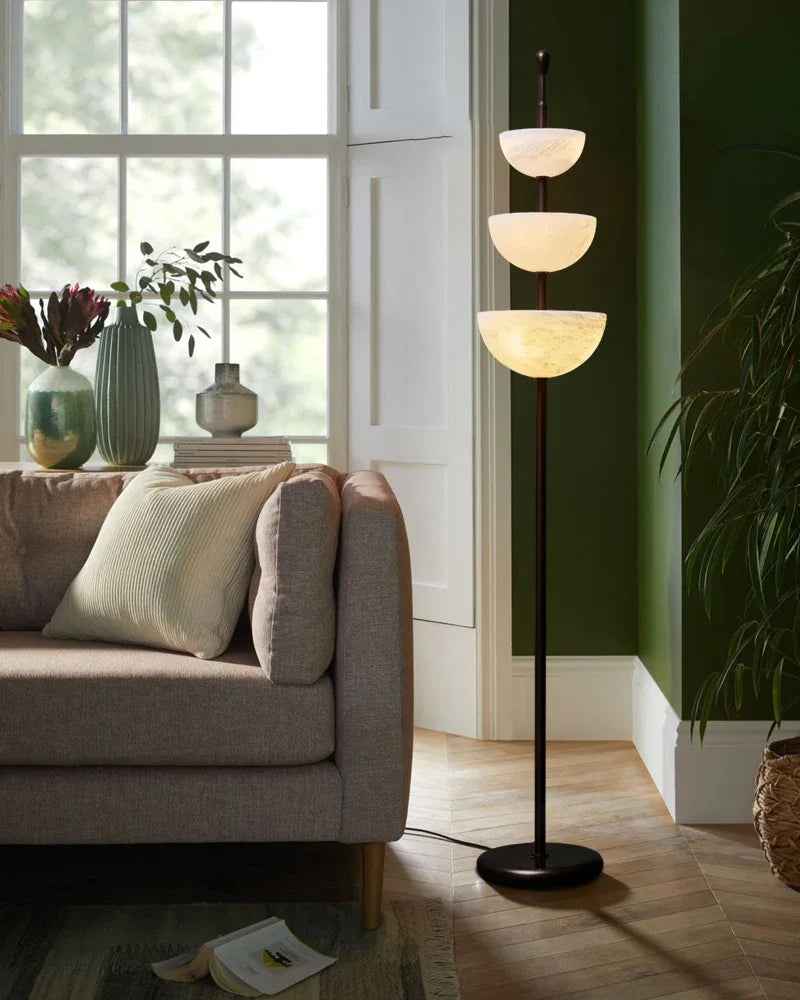 LightsStory Series Geometric Floor Lamp | Triple Bowl Natural marble and snowflake gypsum, Modern Black hardware for Living rooms and bedrooms American standing floor lamp