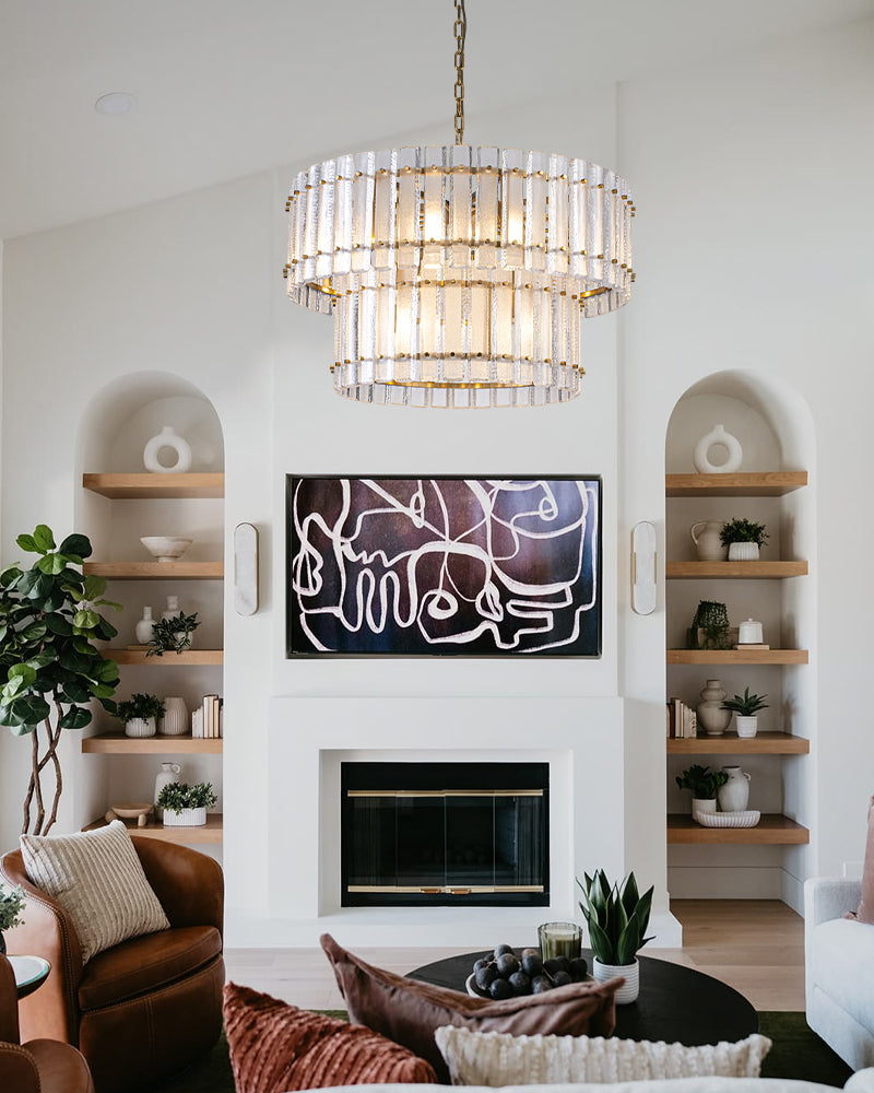 Solstice Aura Ghiaccio Glass Double Tier Drum Chandelier - Lux Gold Trim - Foyers, Dining Rooms & Living Rooms