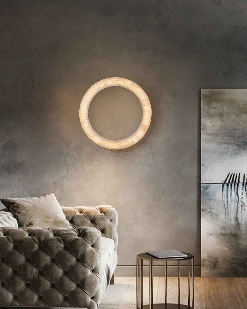 LightsStory Series Geometric Wall Sconce | Circular Mirror Raw Alabaster Marble and Reflective Mirror, Natural Stone Texture for Modern Bathrooms and Entryways Flush Mounted Wall Sconce Lamp