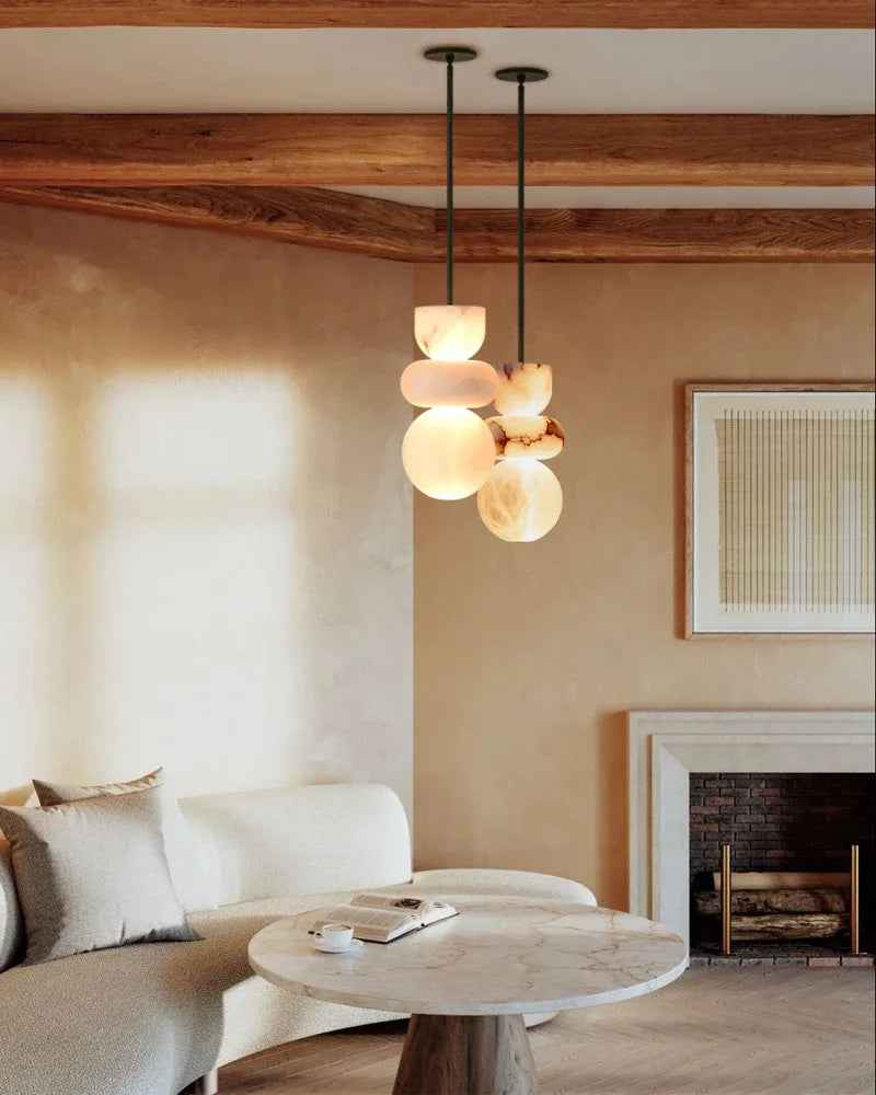 LightsStory Series Ethereal Pendant Light | Wide Round Shade Handcrafted Spanish Stone Warm White Alabaster, Modern Black Cord and Canopy for Bedside, Dining Nooks, and Entryways Modern Pendant lamp