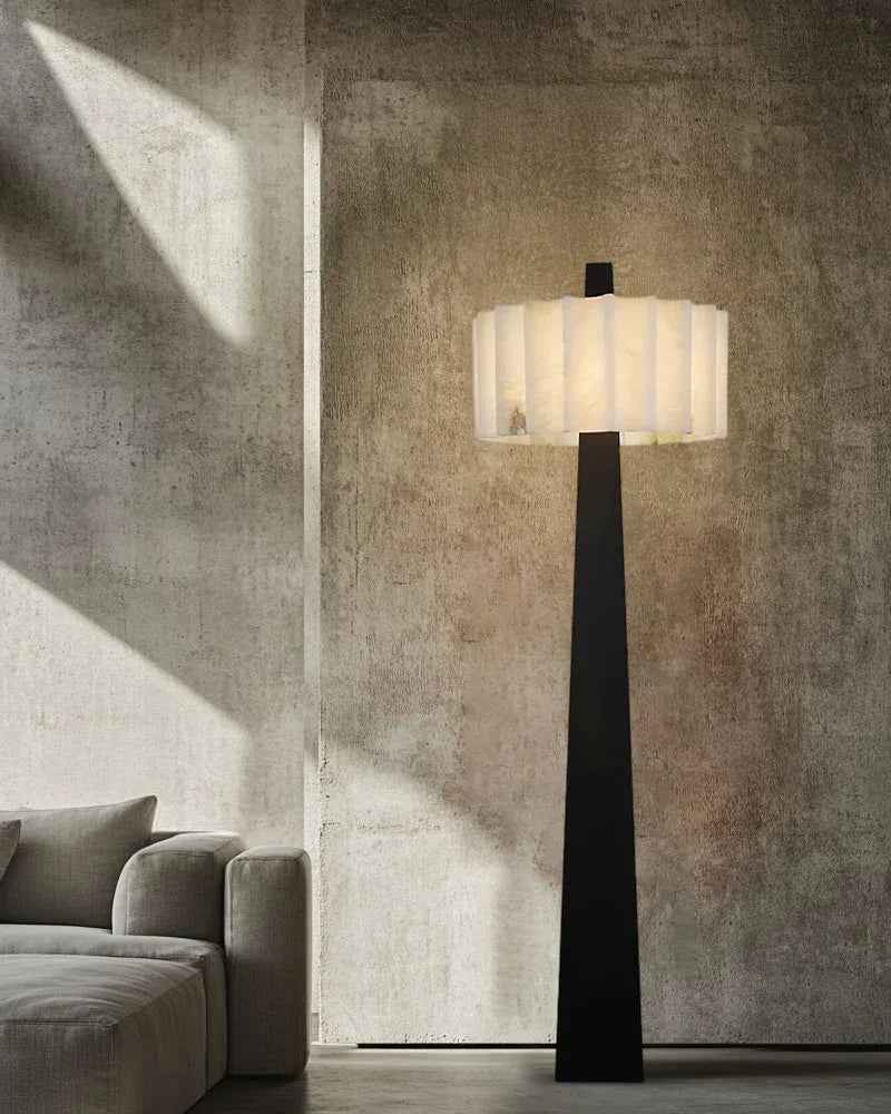 LightsStory Series Geometric Floor Lamp | Sculptural Minimalism Hand-Carved Spanish Nature Alabaster, Black Stainless Steel base for Living Rooms and Reading Nooks American standing floor lamp