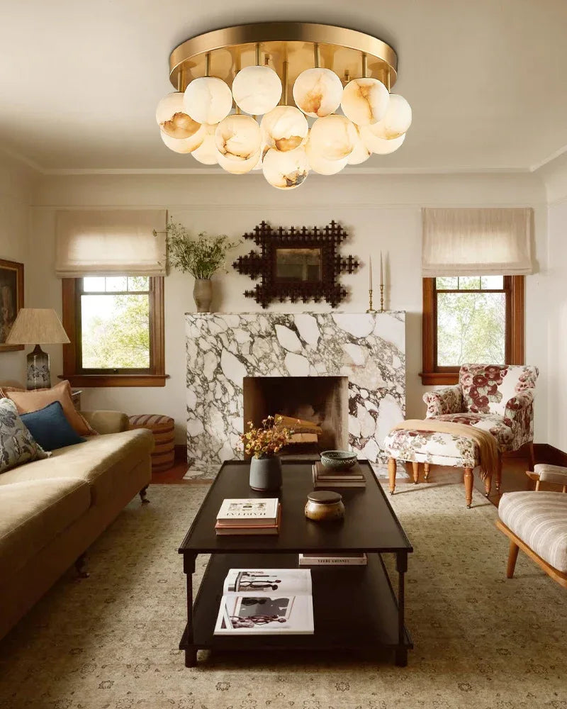 7/13/19-Light Soft Brass and Faux Alabaster Semi Flush Mount with Etched Opal Marble Shades Flush Mounted Ceiling Lamp