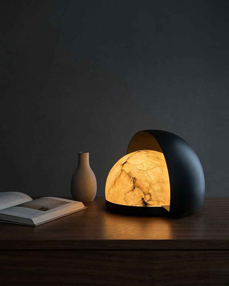 LightsStory Series Geometric Table Lamp | Sphere Hand-carved natural alabaster, Matte black metal finish for Side tables, mantels, or nightstands Modern Table lamp