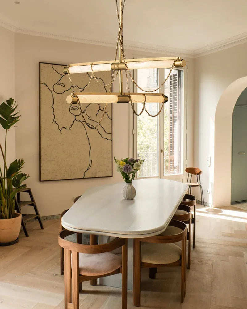 LED Tubular Alabaster Shades Ceiling Pendant Lamp 49" with long chains | Brass Vintage Simple Pendant Lamp