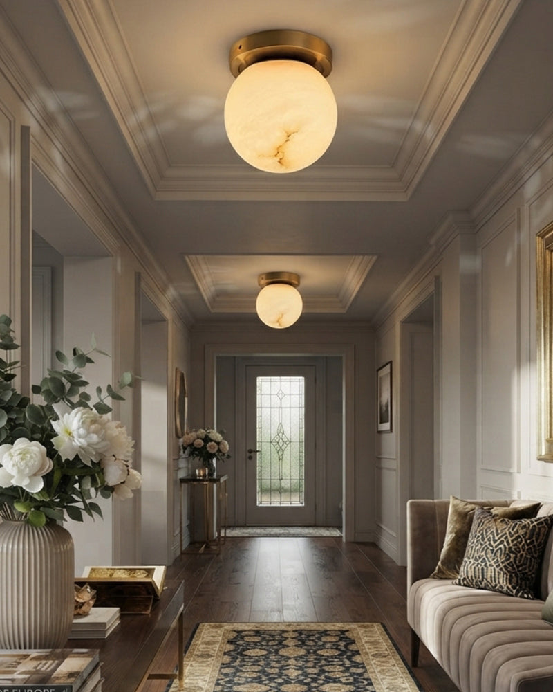 Alabaster Globe Sphere Ceiling Light - Natural Spanish Alabaster Orb, Flush Mount, Heritage Brass Trim - Bedrooms, Hallways, Bathrooms & Living Rooms