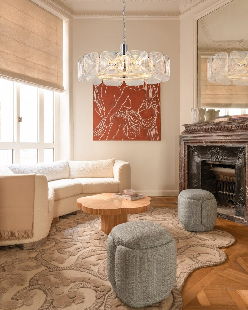 Emerald Clear Ghiaccio Glass Halo Ring Chandelier - Emerald Glass, Lux Brass Trim - Living Rooms, Bedrooms, Dining Rooms