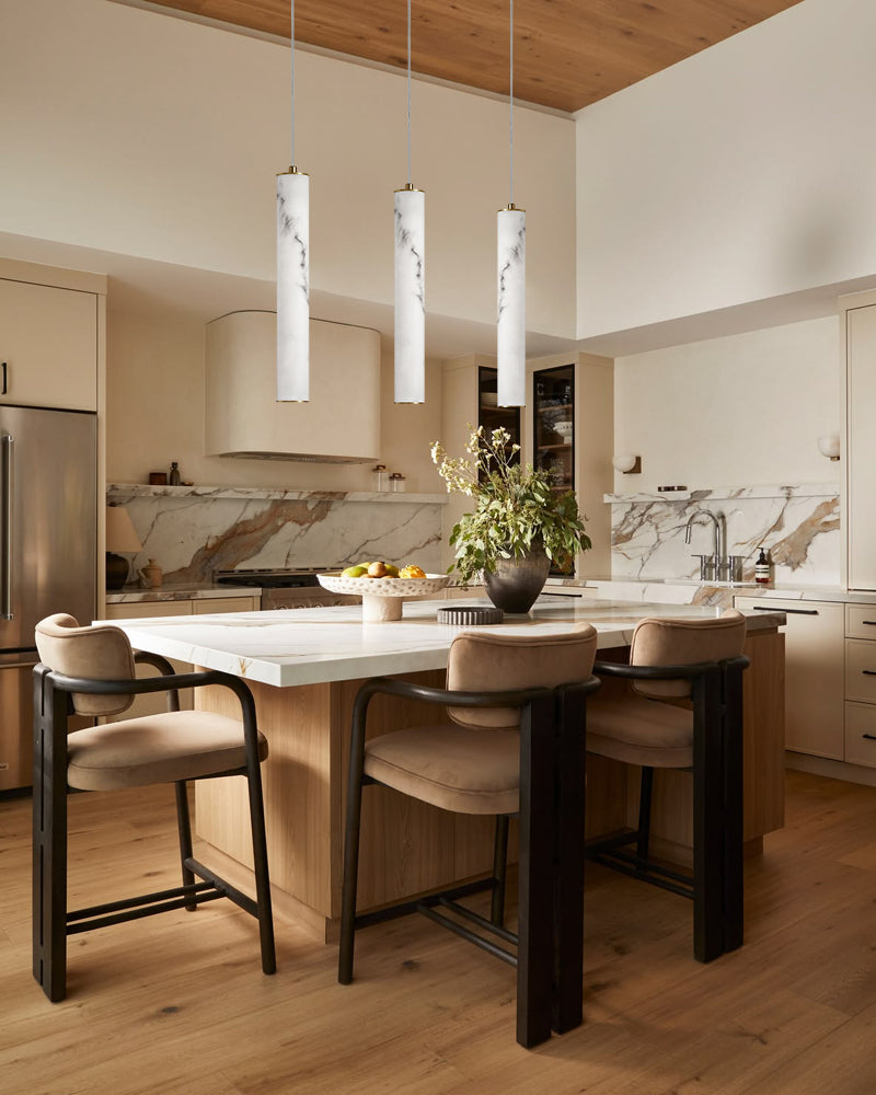Cora Alabaster Halo Capsule Linear Cluster Pendant Light - Natural Spanish Alabaster, Lux Gold Trim - Kitchen Islands & Dining Rooms