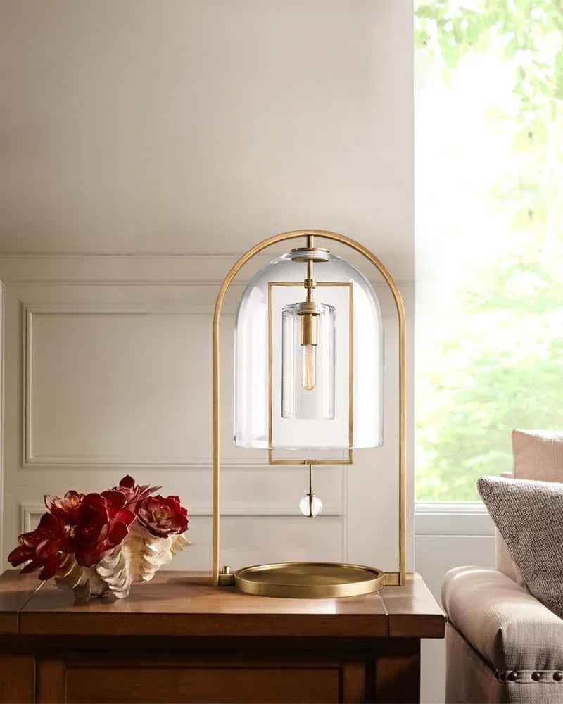 Brass Iron Frame Blown Glass Dome Shade Fulcrum Round Table Lamp 18" Vintage Simple Table Lamp
