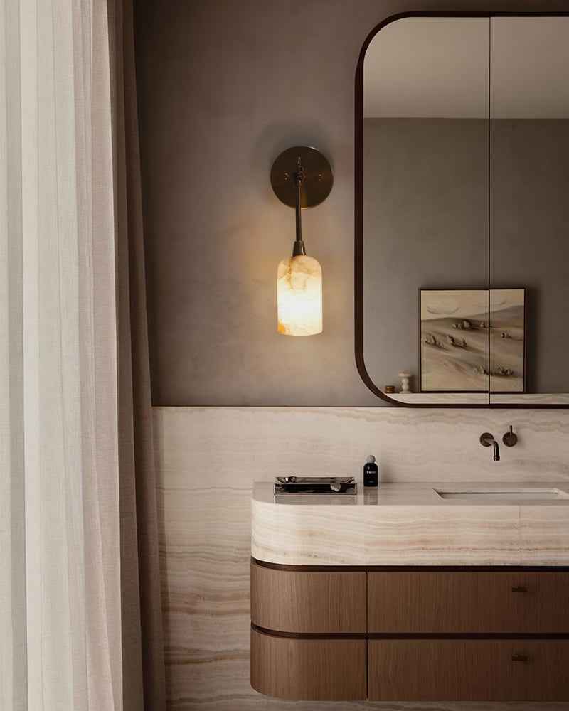 Graceful Alabaster & Brass Wall Sconce | Natural Marble Ambient Light | Mid-Century Modern Luxury Wall Lamp Flush Mounted Wall Sconce Lamp