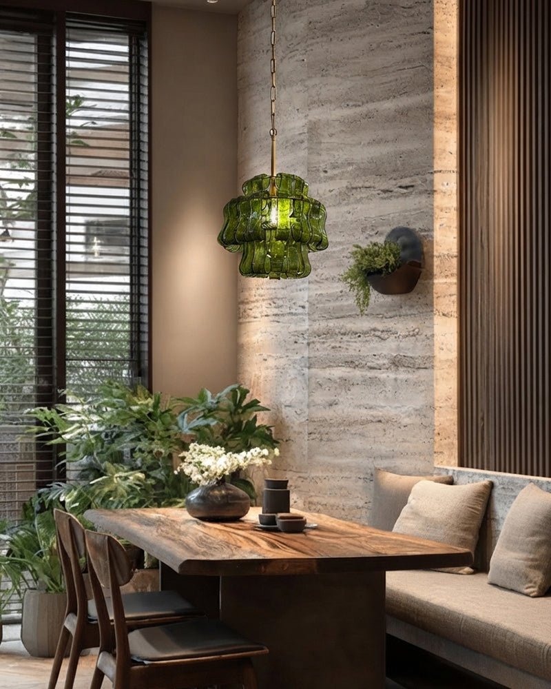 Brina Ghiaccio Murano Smoked Green Glass Lantern Drum Pendant Light - Textured Ice Glass, Lux Gold Trim - Kitchens, Dining Rooms & Living Rooms