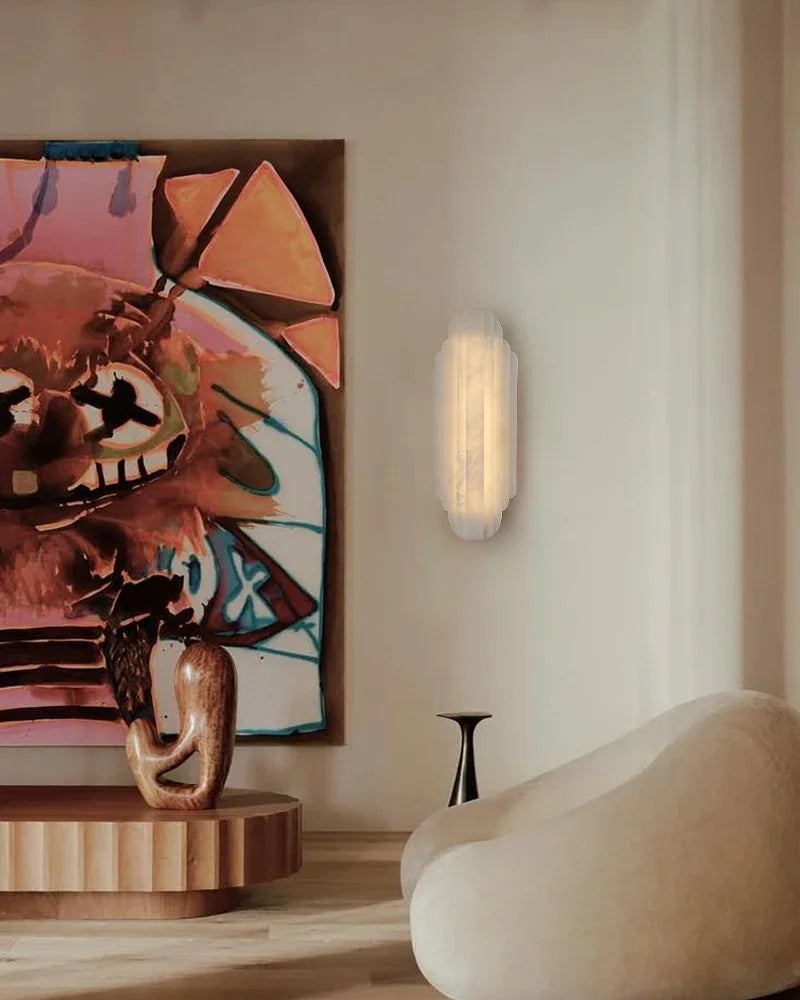 Estelle Series Ethereal Wall Sconce | Layered Alabaster Natural layered alabaster shade with minimalist metal base, Sleek modern metal finish for Living rooms, halls, and bathrooms Flush Mounted Wall Sconce Lamp