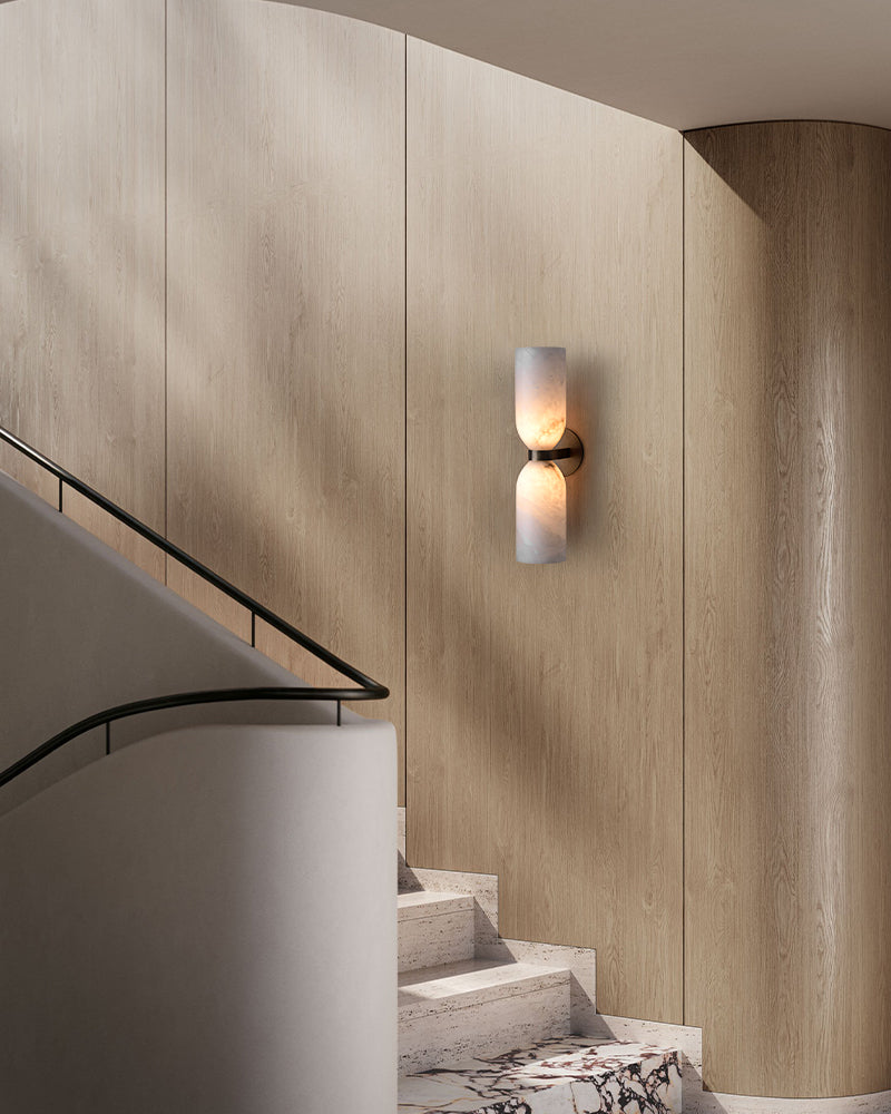 Double 2 lights Alabaster Tandem Wall Lamp in Unique Brass/Black Metal Framework