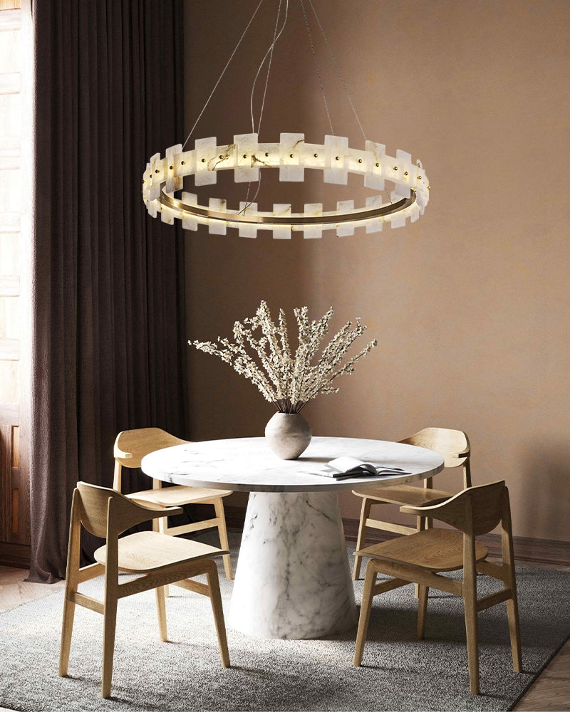 Marble Circle Hanging Lamp Minimalism White and Brass Alabaster Halo Chandelier Dining Table