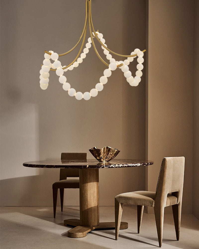 Cluster String Alabaster Beads Semi Flush Chandelier in Brass & Black Metal Rod