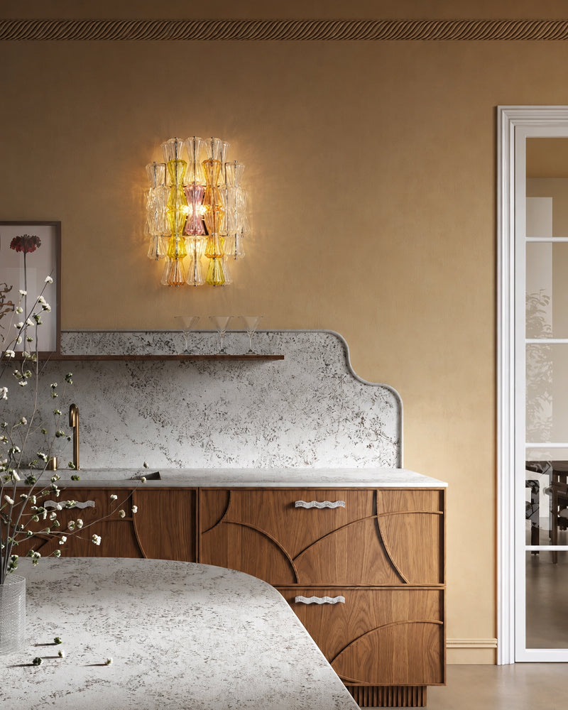 LightsStory Murano Glass Sculpture Amber Sconce - Hand-Blown Amber Glass, Lux Gold Trim - Bedrooms, Hallways & Bathrooms