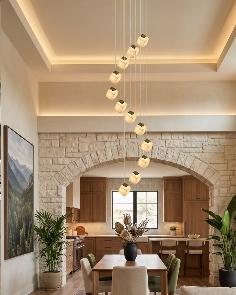 Alabaster Cube Cluster Sculptural Pendant Light - Natural Spanish Alabaster, Lux Gold Trim - Lobby, Foyer, Stairwells and High Ceilings