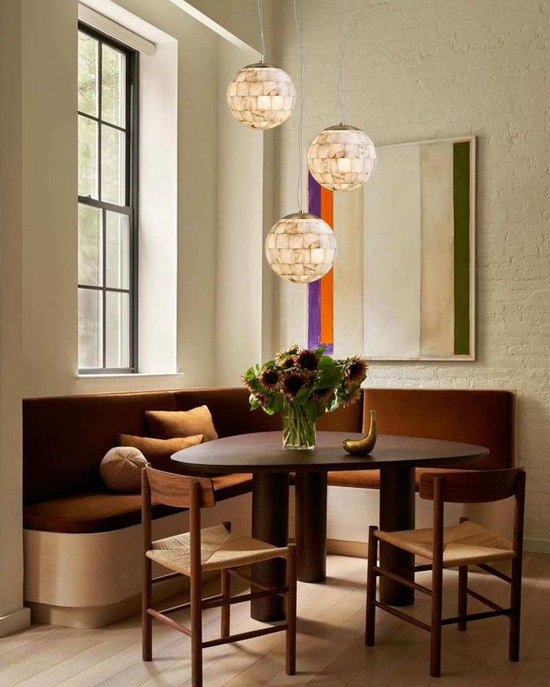 Alabaster Cascading Shell Globe Multi Ball Pendant Light - Natural Spanish Alabaster Spheres, Lux Gold Trim - Kitchens, Dining & Living Rooms