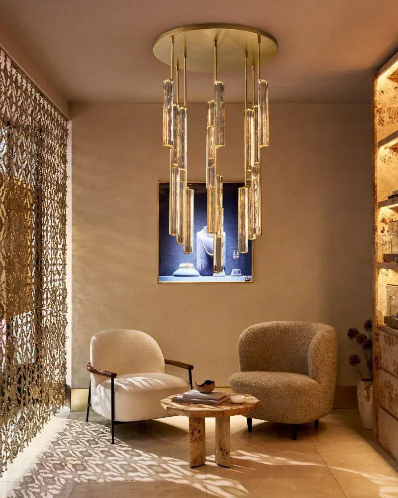 Audubon Crystal On Vertical Brass Drops Round Chandelier Collection Wide 24" 40" 56" American chandelier