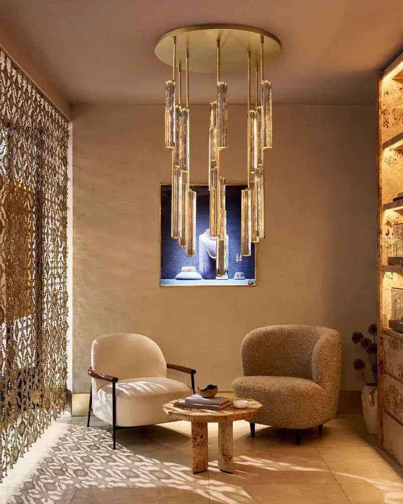 Valence Series Architectural Linear Chandelier | Vertical Prism Meticulously crafted clear prisms and vertical brass drops, Warm Brass and Black finish for Dining Rooms and Kitchen Islands American chandelier