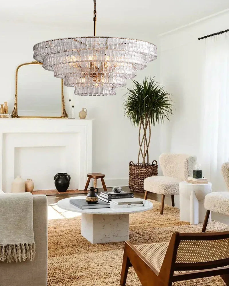 LightsStory Series Ethereal Chandelier | Four-Tiered Round Curved Textured Glass and Aluminum, Plated-Brass and Bronze for Dining Rooms and Grand Foyers American chandelier