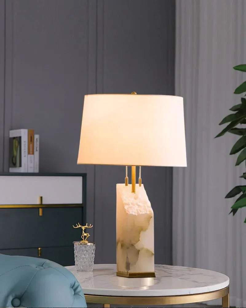 Small White Alabaster Beside Table Lamp Brass with linen tapered shade Wide 15" Modern Table lamp